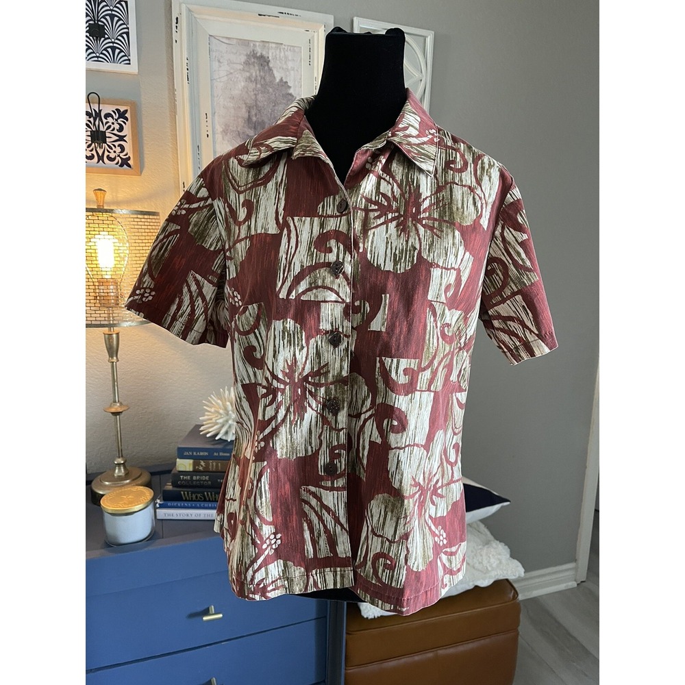 Hilo Hattie Medium Women's Shirt Brown Made In Hawaii Short Sleeve